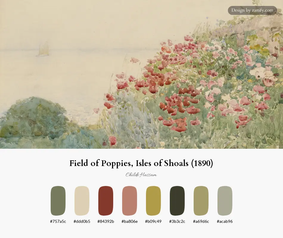HEX color palette extracted from Field of Poppies, Isles of Shoals (1890)-palette by Childe Hassam