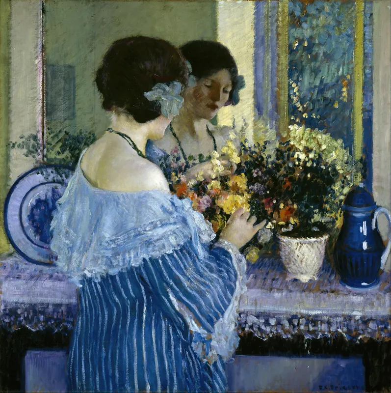 Girl in Blue Arranging Flowers (1915) by Frederick Carl Frieseke