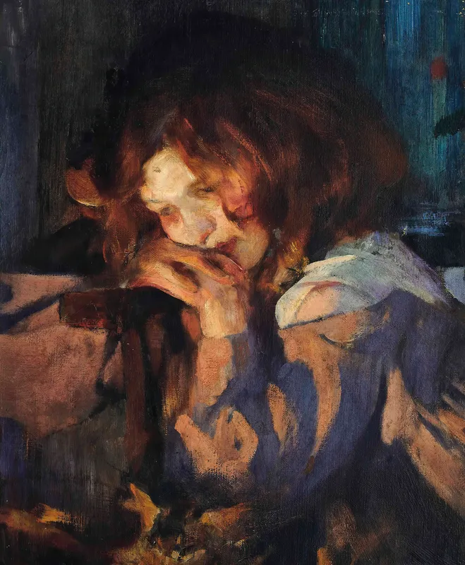 Kitty by firelight (c. 1897)-full by James Jebusa Shannon