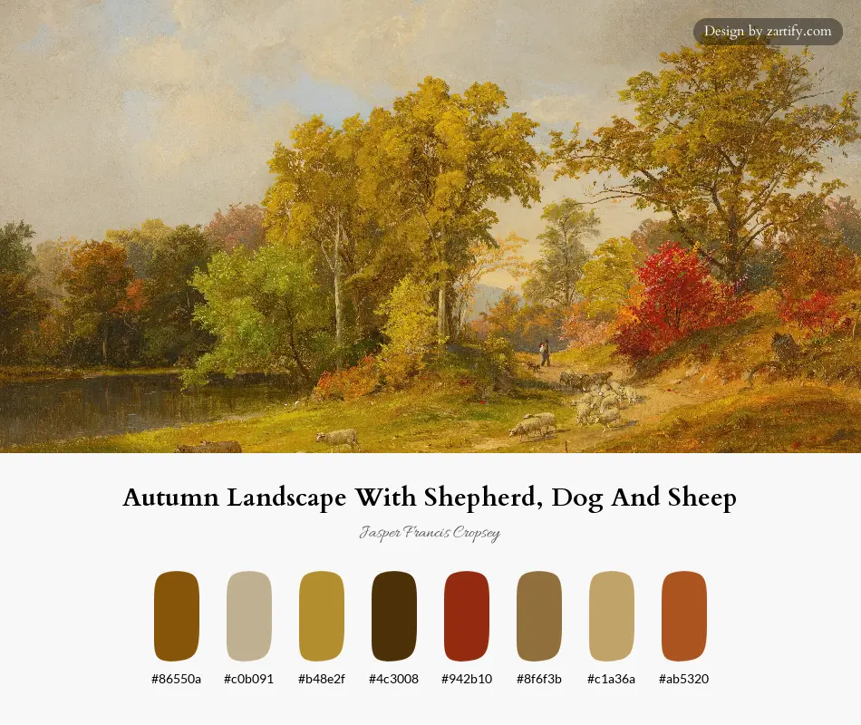 HEX color palette extracted from Autumn Landscape With Shepherd, Dog And Sheep-palette by Jasper Francis Cropsey