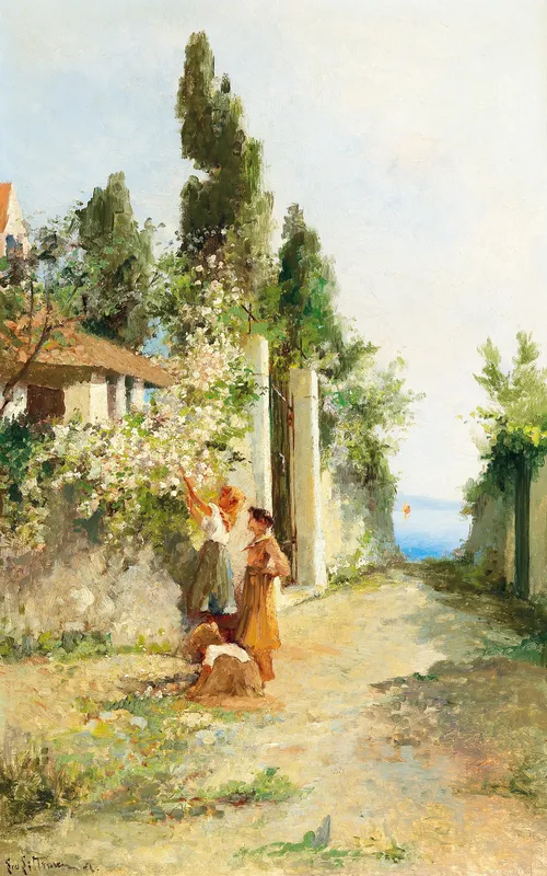 Three girls gathering roses-full by Leontine von Littrow