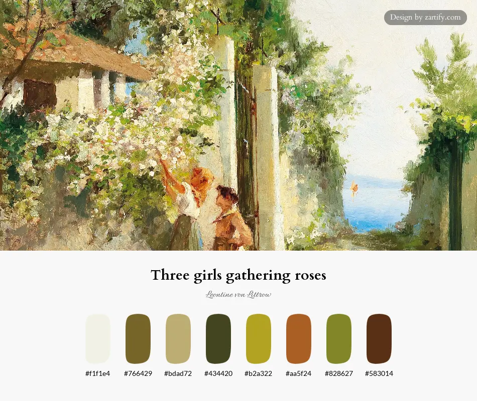 Three girls gathering roses-palette by Leontine von Littrow