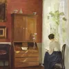 Interiør med læsende kvinde ved vinduet-full by Carl Holsøe