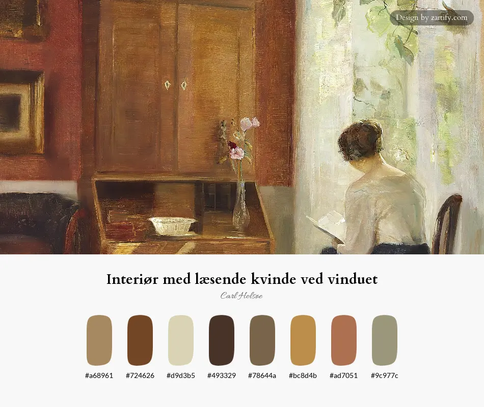 HEX color palette extracted from Interiør med læsende kvinde ved vinduet-palette by Carl Holsøe