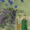 Still life with blue flowers and two bottles on a table (1907)-d2 by Gerda Wegener