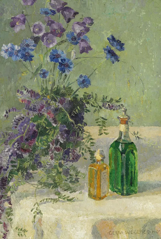 Still life with blue flowers and two bottles on a table (1907) by Gerda Wegener