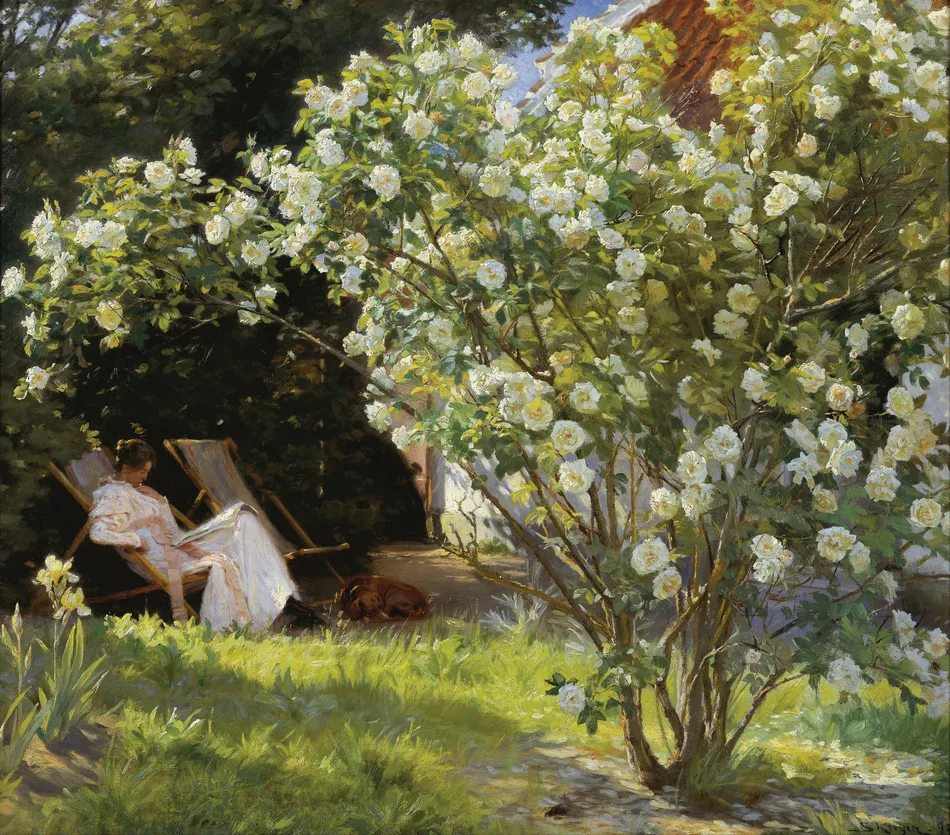 Roses. Marie Krøyer seated in the deckchair in the garden by Mrs Bendsen’s house (1893) by Peder Severin Krøyer