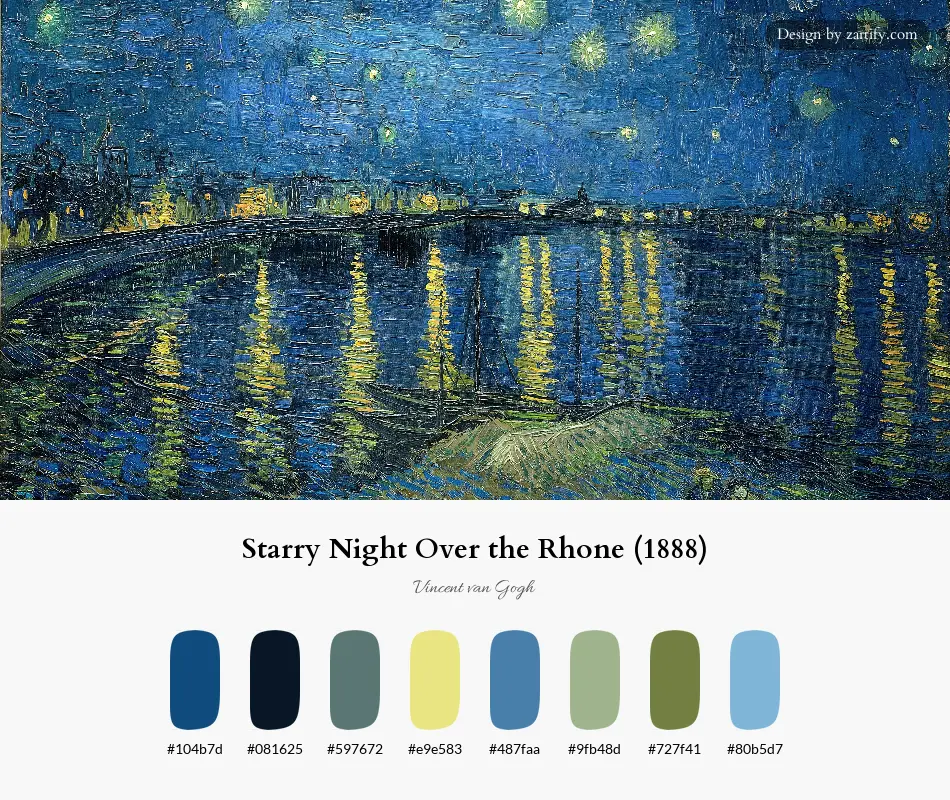 HEX color palette extracted from Starry Night Over the Rhone (1888)-palette by Vincent van Gogh