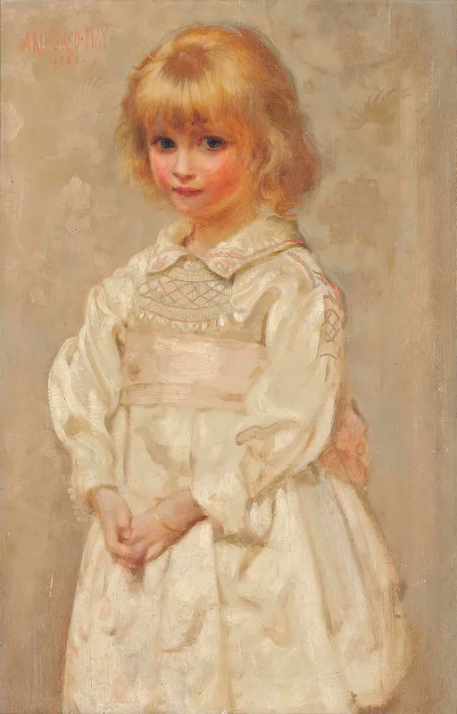 Portrait Of A Young Girl In A Pink And White Smock Dress (1886)-full by Arthur Dampier May