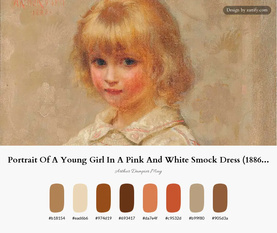 HEX color palette extracted from Portrait Of A Young Girl In A Pink And White Smock Dress (1886)-palette by Arthur Dampier May