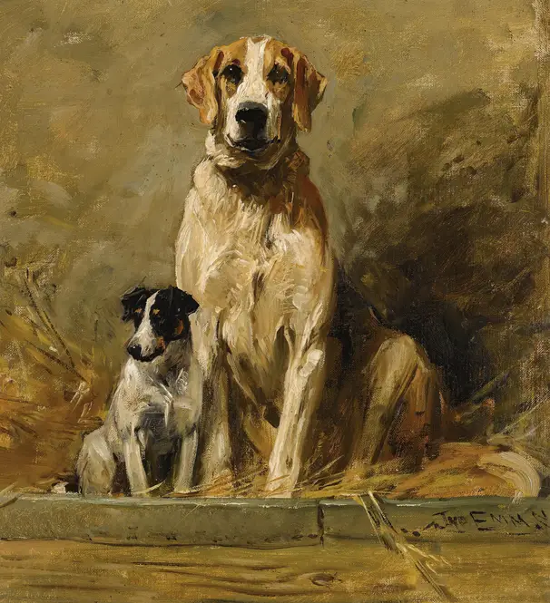 Hound And Terrier In A Kennel by John Emms
