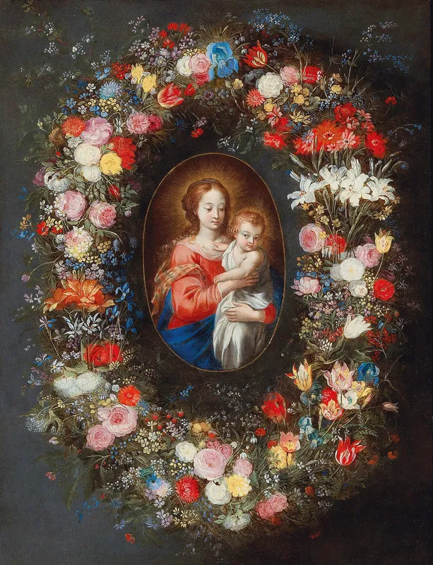 The Madonna and Child surrounded by a floral garland-full by Jan Brueghel the Younger