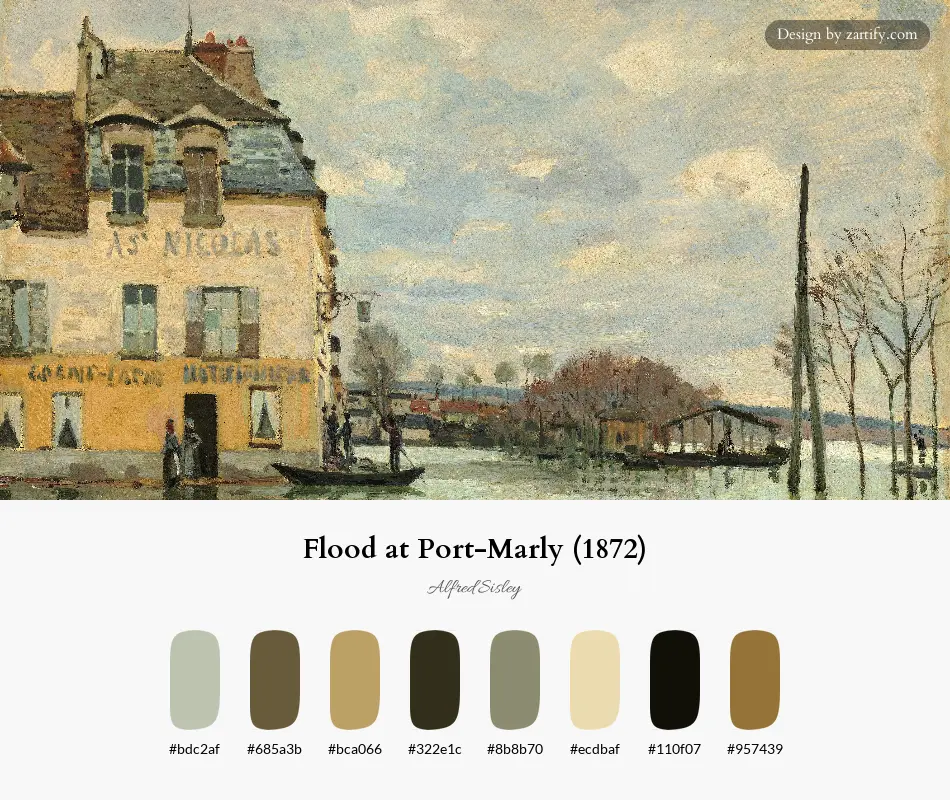 HEX color palette extracted from Flood at Port-Marly (1872)-palette by Alfred Sisley