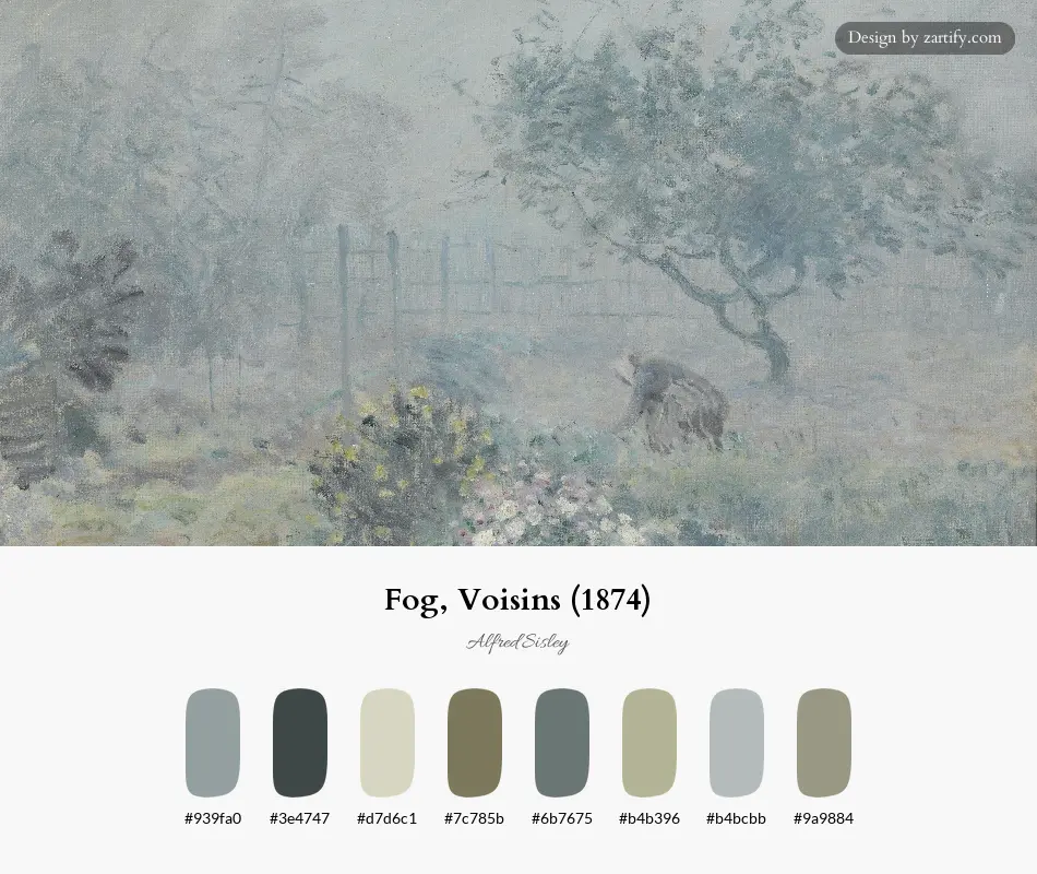 Fog, Voisins (1874)-palette by Alfred Sisley