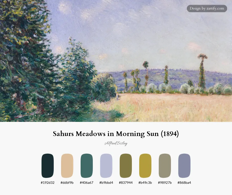 Sahurs Meadows in Morning Sun (1894)-palette by Alfred Sisley