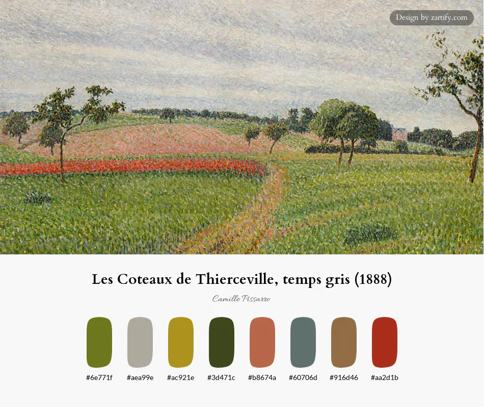Les Coteaux de Thierceville, temps gris (1888)-palette by Camille Pissarro