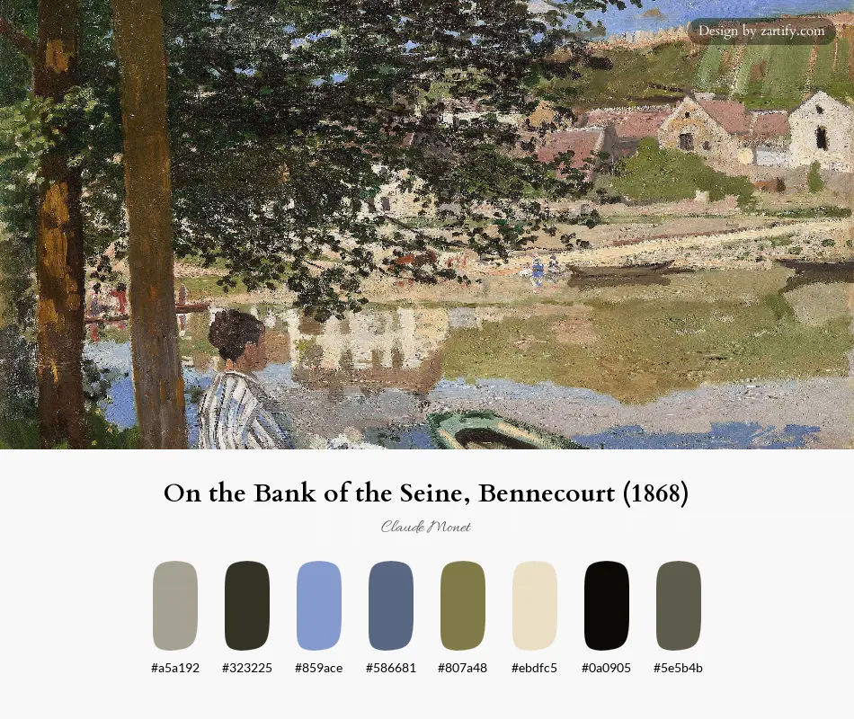 On the Bank of the Seine, Bennecourt (1868)-palette by Claude Monet