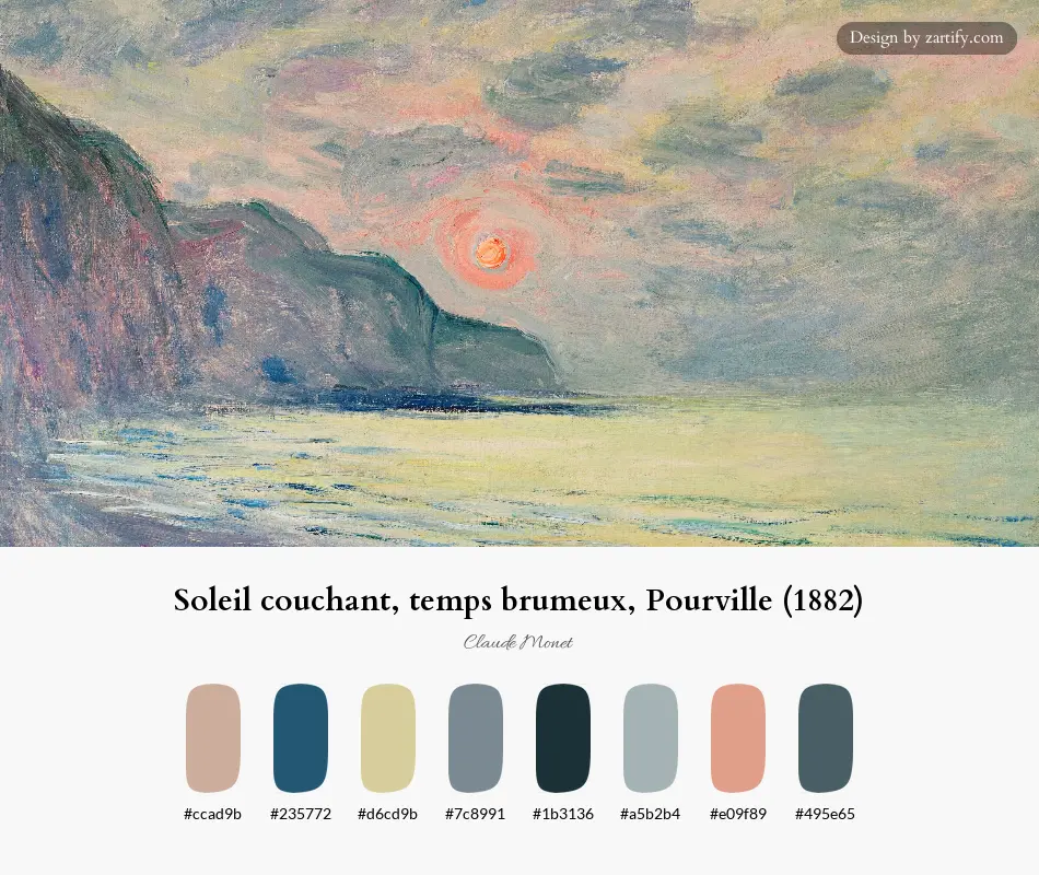 Soleil couchant, temps brumeux, Pourville (1882)-palette by Claude Monet