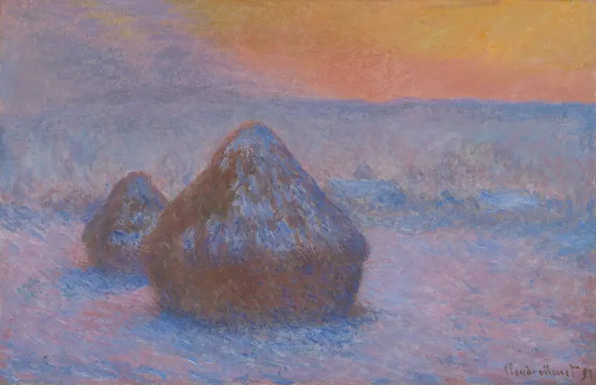 Stacks of Wheat (Sunset, Snow Effect) (1890-91) by Claude Monet