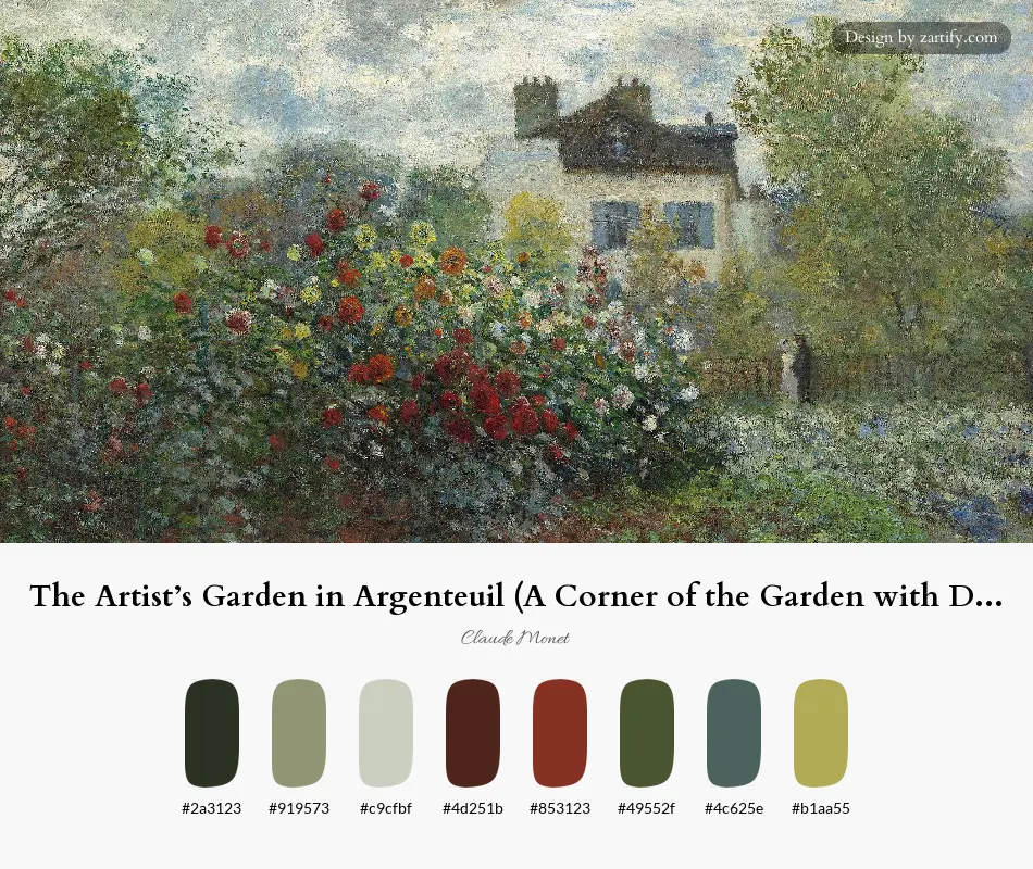 HEX color palette extracted from The Artist’s Garden in Argenteuil (A Corner of the Garden with Dahlias) (1873)-palette by Claude Monet