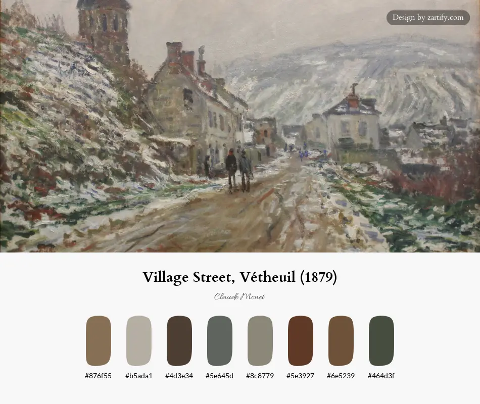 HEX color palette extracted from Village Street, Vétheuil (1879)-palette by Claude Monet