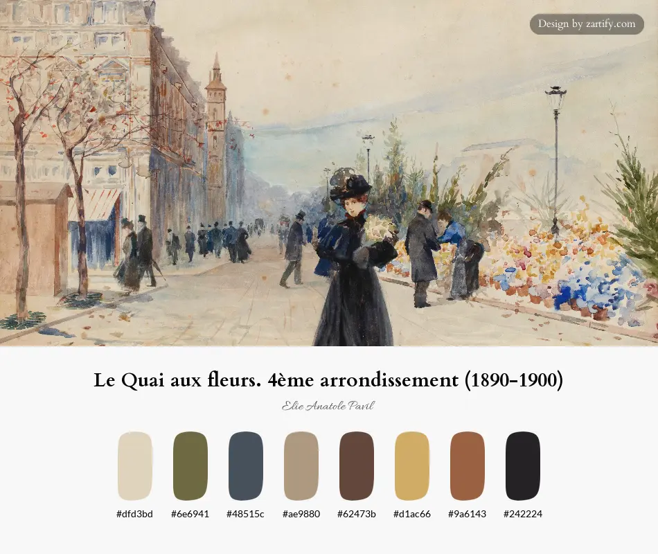 HEX color palette extracted from Le Quai aux fleurs. 4ème arrondissement (1890-1900)-palette by Elie Anatole Pavil
