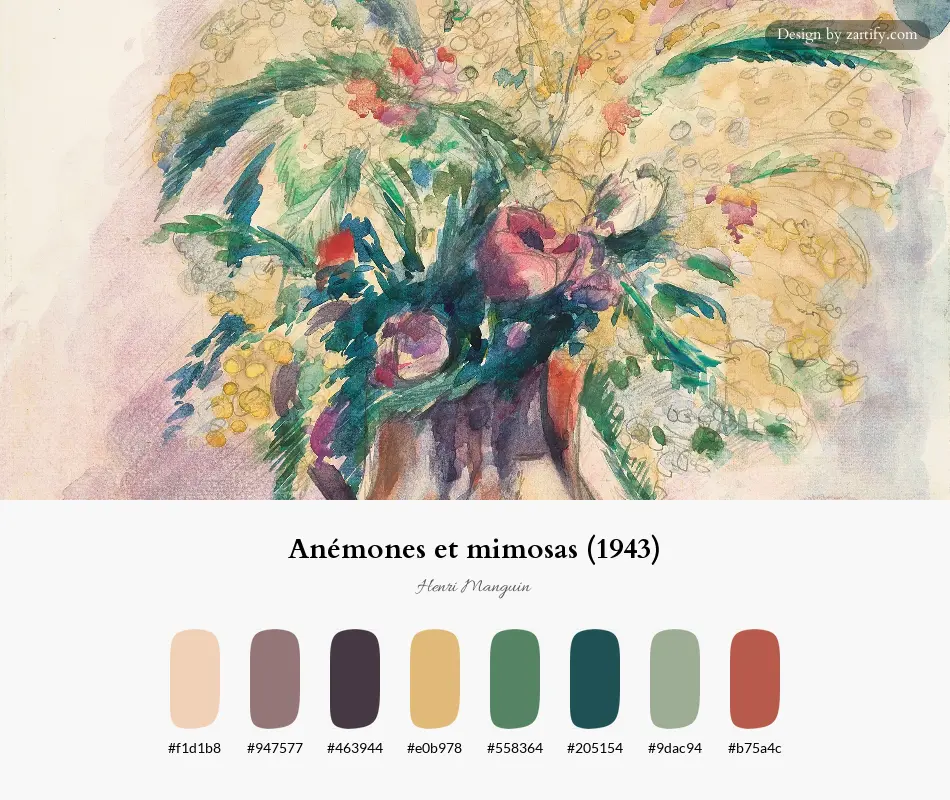 HEX color palette extracted from Anémones et mimosas (1943)-palette by Henri Manguin
