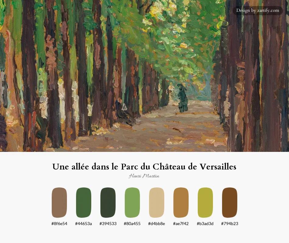 HEX color palette extracted from Une allée dans le Parc du Château de Versailles-palette by Henri Martin