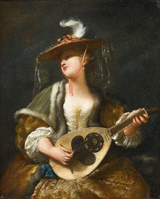 A Lady Playing A Mandolin by Jean Barbault