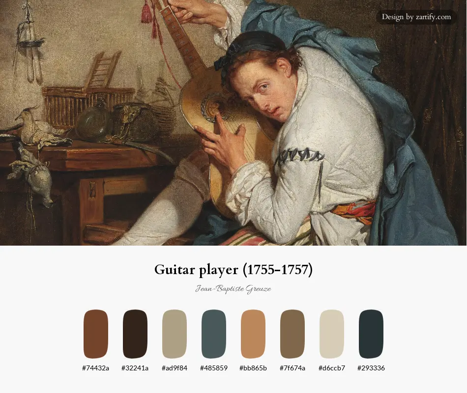HEX color palette extracted from Guitar player (1755-1757)-palette by Jean-Baptiste Greuze