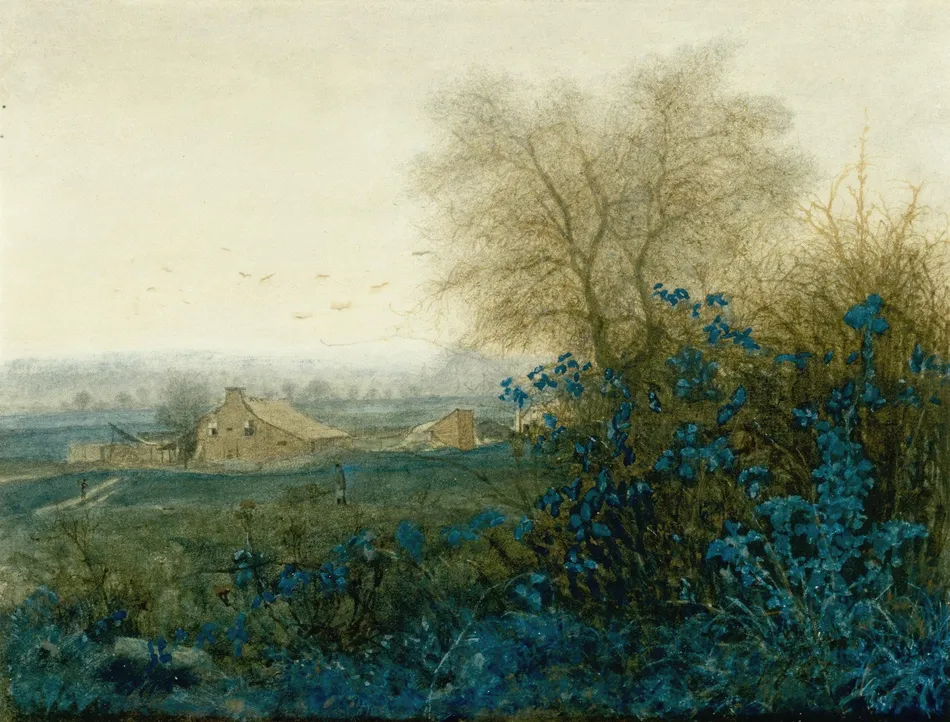 Landscape with a Farmhouse and a Peasant Wheeling a Barrow (1865)-full by Léon Bonvin