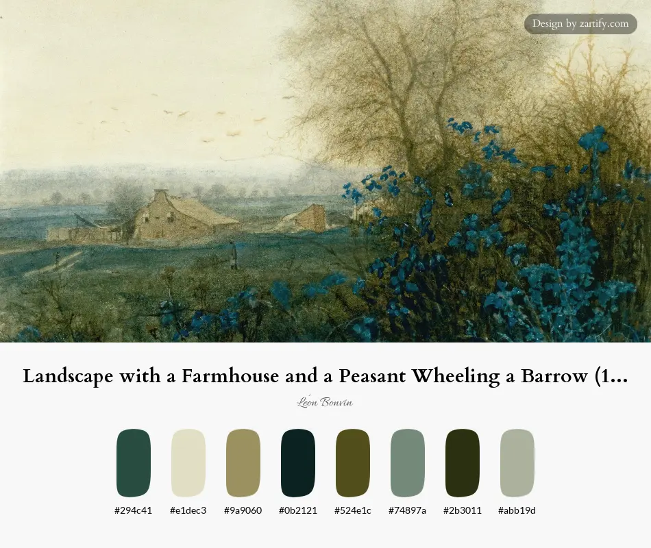 Landscape with a Farmhouse and a Peasant Wheeling a Barrow (1865)-palette by Léon Bonvin
