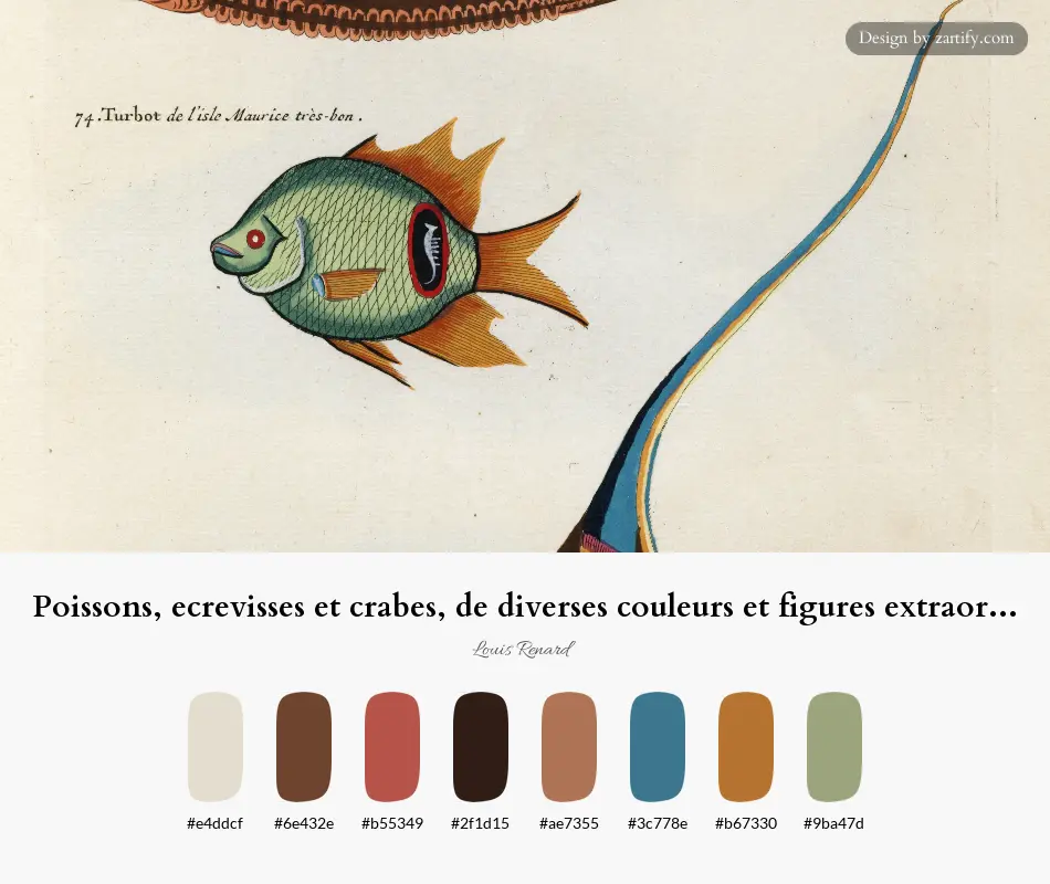 HEX color palette extracted from Poissons, ecrevisses et crabes, de diverses couleurs et figures extraordinaires.. Pl.012 (1718-1719)-palette by Louis Renard