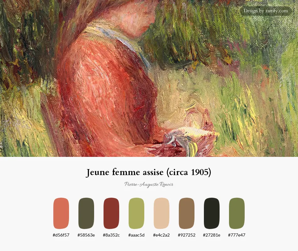 HEX color palette extracted from Jeune femme assise (circa 1905)-palette by Pierre-Auguste Renoir