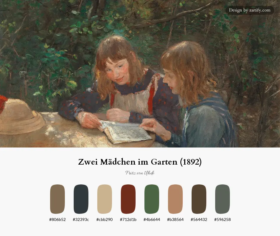 Zwei Mädchen im Garten (1892)-palette by Fritz von Uhde