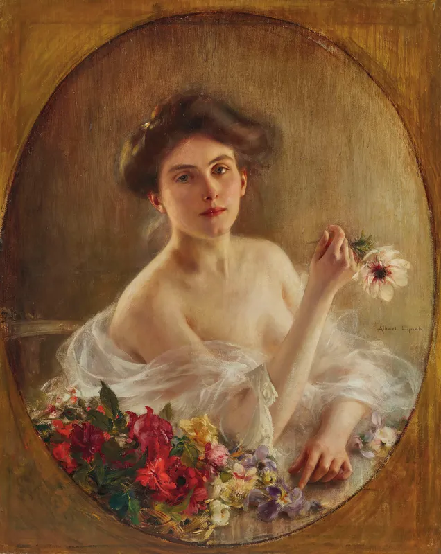 Portrait of a young woman with flowers-full by Albert Lynch