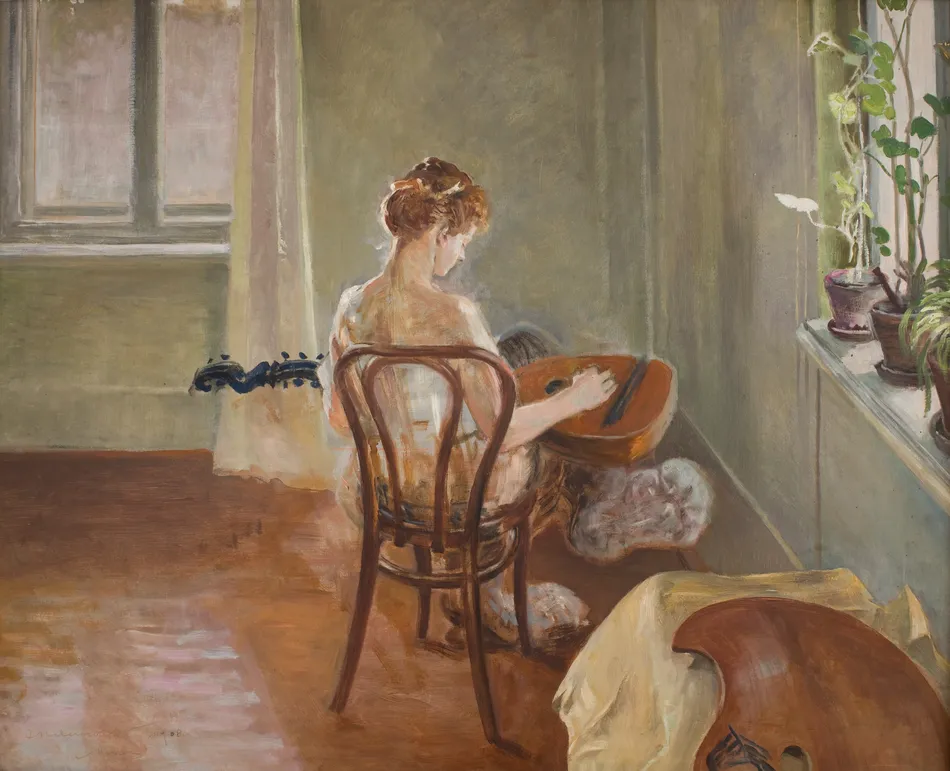 Interior with the Chimera Playing the Guitar (1908)-full by Jacek Malczewski