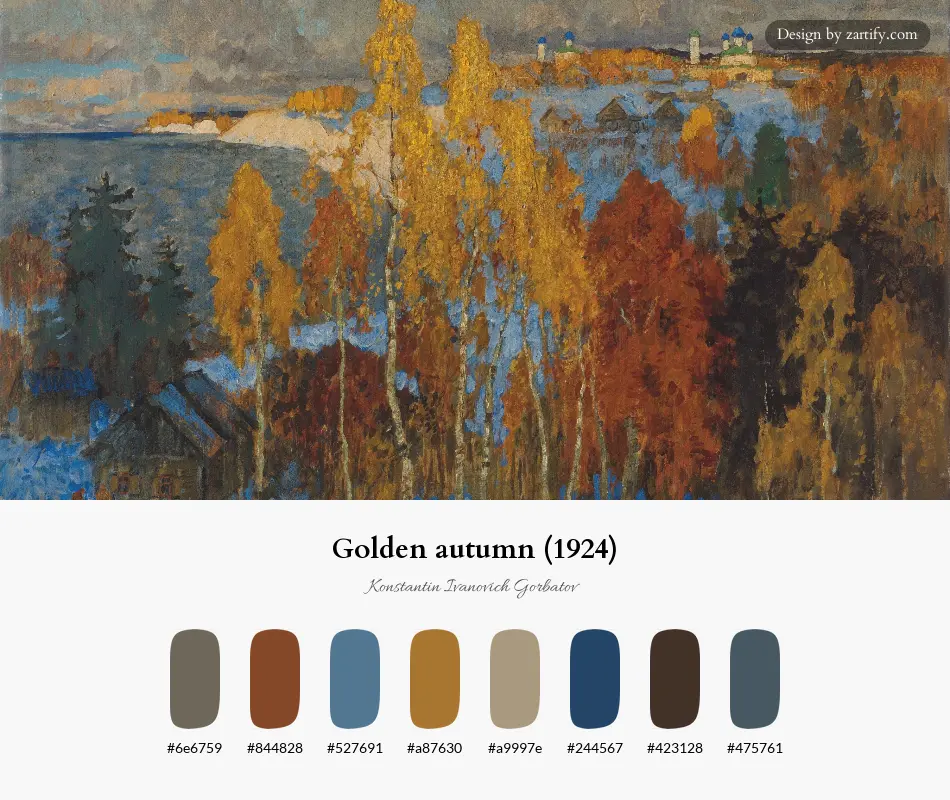 HEX color palette extracted from Golden autumn (1924)-palette by Konstantin Ivanovich Gorbatov