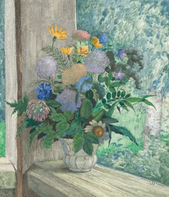 Still life with chrysanthemums, bellflowers, cornflowers and daisies in a white vase (1926) by Sergey Chekhonin