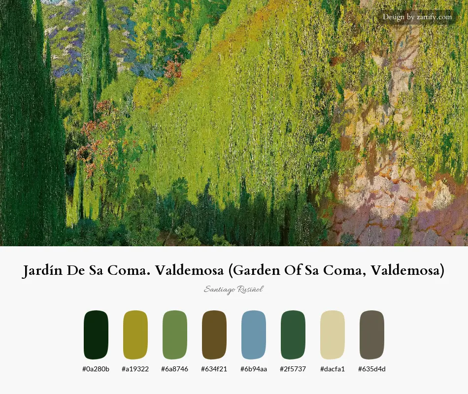 HEX color palette extracted from Jardín De Sa Coma. Valdemosa (Garden Of Sa Coma, Valdemosa)-palette by Santiago Rusiñol