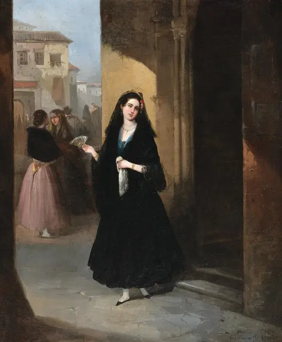 A Beautiful Spanish Woman with a Fan by Valeriano Domínguez Bécquer