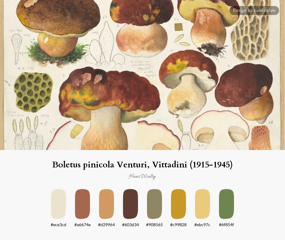 HEX color palette extracted from Boletus pinicola Venturi, Vittadini (1915-1945)-palette by Hans Walty